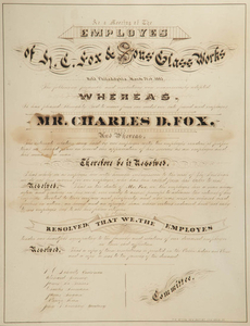 H. C. FOX & SONS GLASS WORKS, PHILADELPHIA, PA CALLIGRAPHY RESOLUTION
