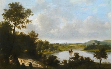 H.J. van (jr.) Hardevelt (1811-1882), River landscape with boat and town, signed...