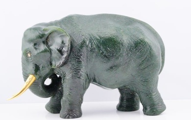 Hand-Carved Nephrite Elephant W/18K Gold Tusks