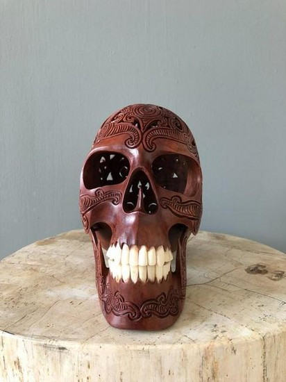 Hand carved Human skull -Traditional Dayak carving