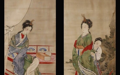 Hanging scroll (2) - Big scroll - Paper - A pair of Chinese beauties. - "A pair of Chinese beauties." - Hayase Raizan(1808-1890) - Japan - Late Edo period