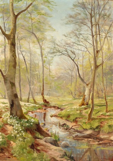 Harald Pryn: A creek in the woods by on a spring day. Signed Harald Pryn. Oil on canvas. 70×50,5.