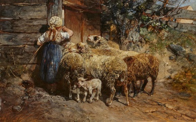 Heinrich von Zügel: Sheep at the Stable Door