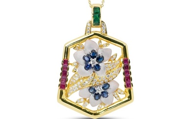 IGI Certificate - 5.77 total carat of diamonds, sapphires, rubies and emerald - Necklace Yellow gold Diamond (Natural) - Sapphire