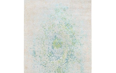 Ivory With Touch Of Green Pure Silk With Wool Hand Knotted Rug