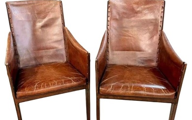 Jean-Michel Frank Style, Mid-Century Modern, Arm Chairs, Distressed Leather