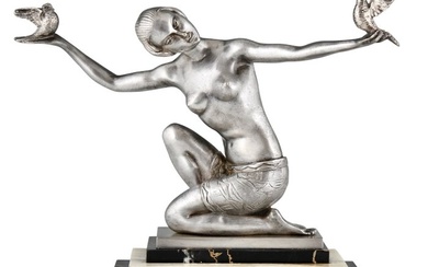 Joan Salvado Voltas - Sculpture, Art Deco danseres met vogels L. 28 cm. H. - 23 cm - Bronze, Marble, Onyx - 1930