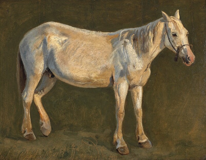 Johan Thomas Lundbye: Standing white horse. Signed. Oil on paper laid on panel. 29×37 cm.