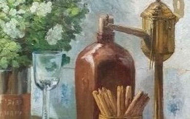 Jozef Hoevenaar Wzn (1840-1926) - Stilleven met snotneus, pijp, koperen pijpendoos, 18e eeuwsglas en vaas met bloemen