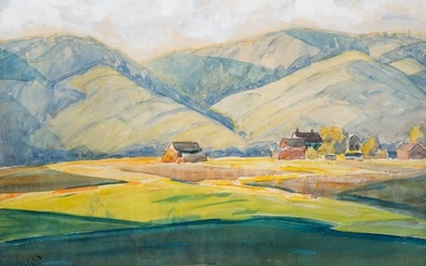 "LANDSCAPE WITH HILLS" BY GLEN TRACY (1883-1956).