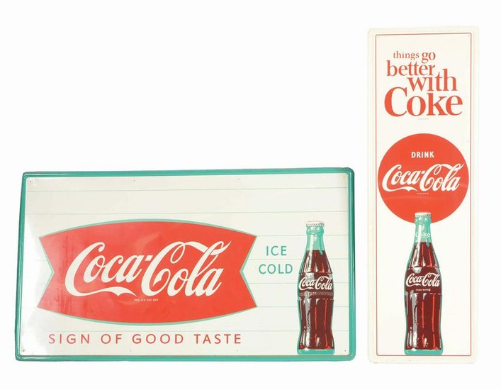 LOT OF 2: COCA-COLA SELF-FRAMED TIN ADVERTISING SIGNS.