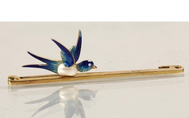Ladies 15ct gold bar brooch with mounted enameled swallow, 3...