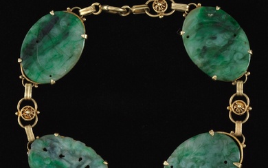 Ladies' Vintage Gold and Chinese Carved Jadeite Jade Bracelet