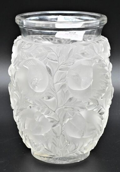 Lalique Bird Vase, having clear rim and frosted glass