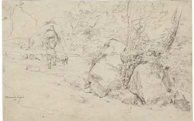 Landschaft mit zwei Felsblöcken am Weg und einem Bauern eine Last auf dem Kopf tragen, in der Umgebung von Olevano.