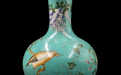 Large Chinese Turquoise Famille Rose Porcelain Vase With Bird And Floral Design