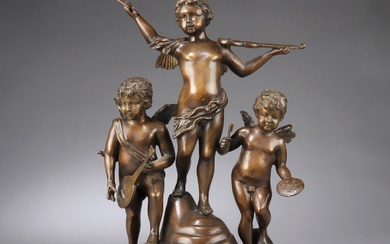 Large group of bronze figures with three musical putti