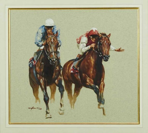 Late 20th century, English School, gouache on paper - The Final Furlong, indistinctly signed, in glazed gilt frame, 34cm x 39cm