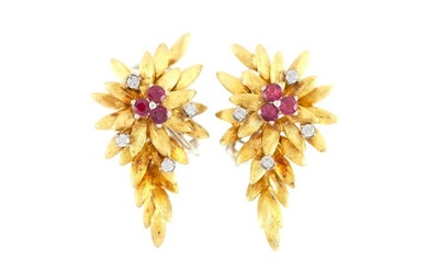 Long Flower Ruby and Diamond Earrings