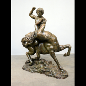 Lotto di due gruppi scultorei in bronzo patinato raffiguranti "Eros e il centauro Chirone" ed "Ercole e il centauro Nesso"...
