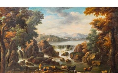 MALER/IN 19./20. Jh., in der Art des 18. Jh., "Landschaft mit Hirten und Wasserfall im Hintergrund".