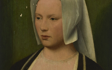 MANNER OF ADRIAEN ISENBRANDT Portrait of a woman, bust-length, holdin...