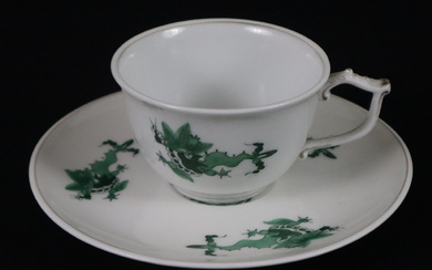 MOCHA CUP with SAUCER - MEISSEN, porcelain, “Ming Dragon” decor in green and grey.