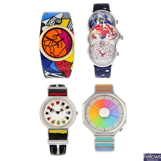 MOVADO – a group of four Art Series Collection watches designed by various artists with display cases.