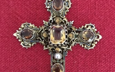 Magnificent Cross Pendant - Spanish Work - H: 80mm (1) - Silver, citrines, pearls - 20th century