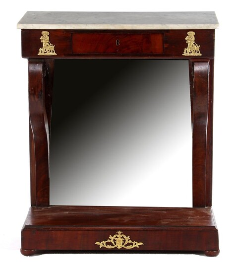 (-), Mahogany trumeau with brass fittings and marble...