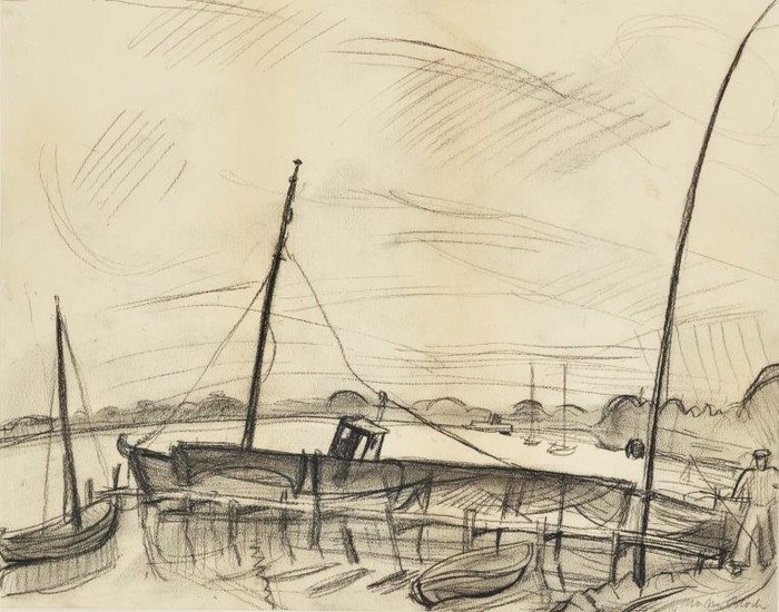 Martin Bloch, Polish/British 1883-1954- Harbour scene; charcoal...