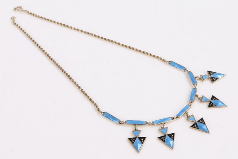 Art Deco Norwegian silver and enamel necklace, having blue guilloche enamel bars and triangular