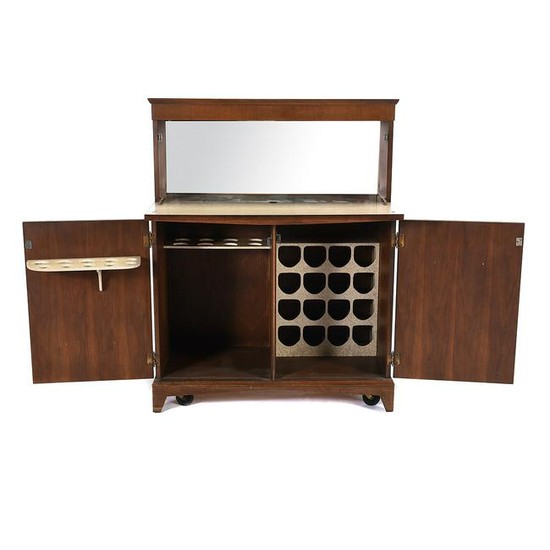 Mid-Century Modern Drop Front Fitted Bar Cabinet.