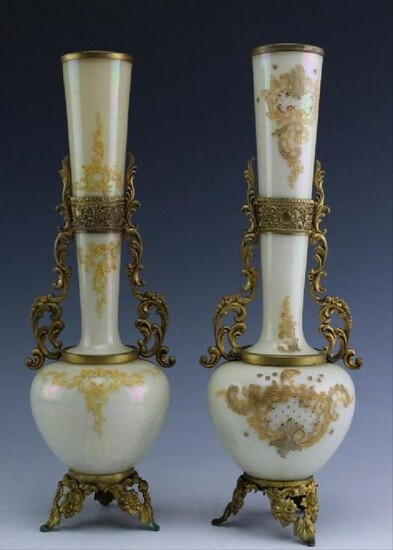 Mounted Pair Antique Egg Shell Bristol Glass Vases