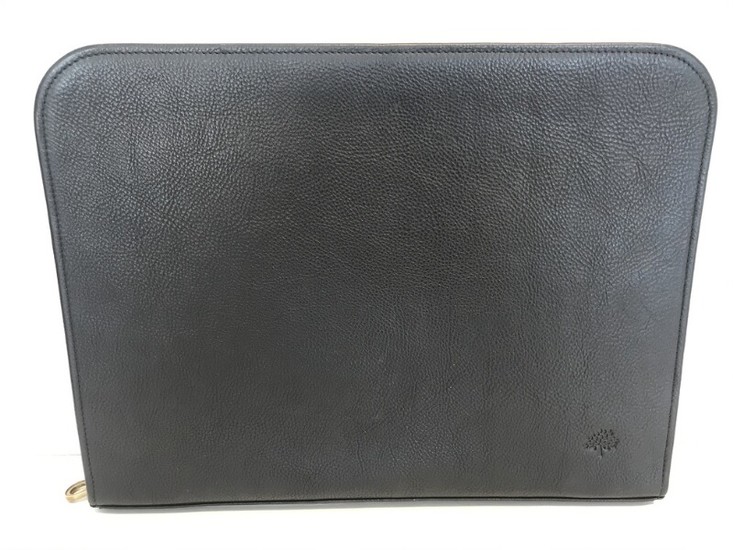 Mulberry: A briefcase made of black leather with gold toned hardware, nine inside pockets and brown fabric lining.