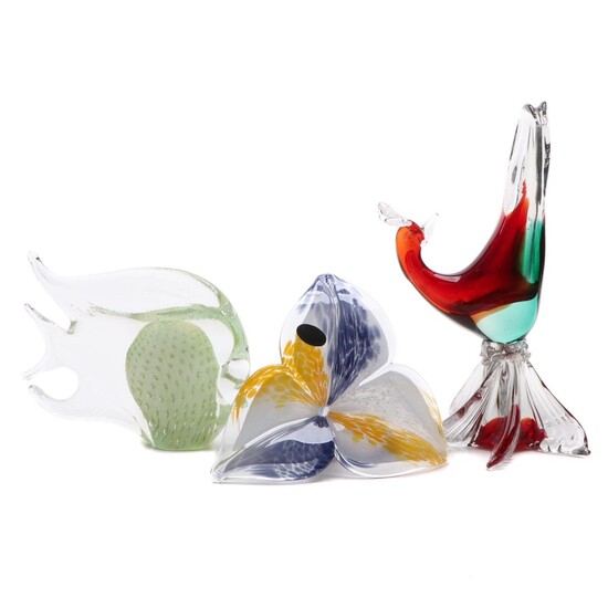 Murano Art Glass Bird, Fish, and Flower, Mid to Late 20th Century