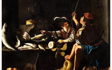 Neapolitanischer Caravaggist des 17. Jahrhunderts, MARITIMES STILLLEBEN MIT FIGUREN