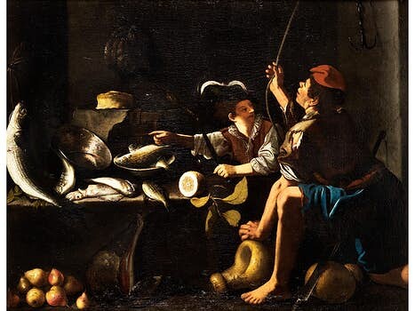 Neapolitanischer Caravaggist des 17. Jahrhunderts, MARITIMES STILLLEBEN MIT FIGUREN