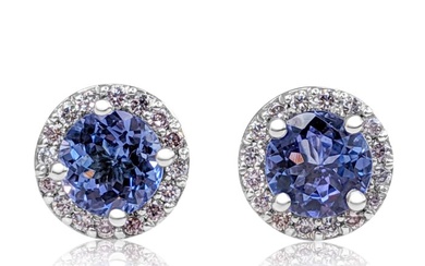 No Reserve Price - 1.21 Carat Tanzanite and 0.25Ct Fancy Pink Diamonds Halo Earrings - White gold Round Tanzanite