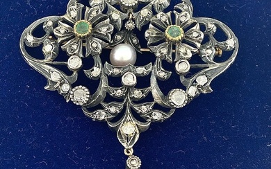 No Reserve Price - Brooch - 18 kt. Silver, Yellow gold Emerald - Diamond