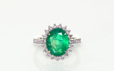 No Reserve Price-IGI 3.18 ct Bluish Green Emerald and 0.70 Pink Diamonds Ring - 14 kt. White gold - Ring - 3.18 ct Emerald - Diamonds, IGI-Certified