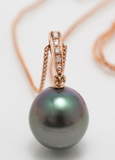 No reserve price -12x13mm Peacock Tahitian Pearl Drop - 14 kt. Pink gold - Necklace with pendant - 0.04 ct