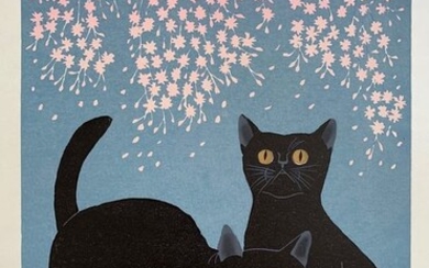 Original woodblock print - modern art , Cats, blossom - Washi paper - Cats, animal, blossom - Nishida Tadashige (b 1942) - "Cat and Sakura (Black Cat)" - Hand-signed by artist and numbered 121/200 - Japan - 2013 (Heisei period)