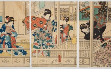 Original woodblock print triptych - Washi paper - Kimono, Beauty - Utagawa Kunisada (1786-1865) - "Akashi-buro" あかし風呂 (The Akashi Bathhouse) - Japan - ca 1847-52