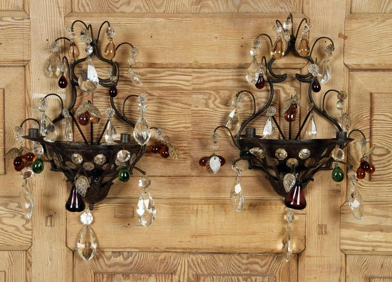 PAIR IRON CRYSTAL TWO LIGHT WALL SCONCES C.1945