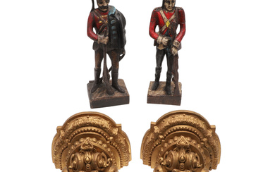 PAIR OF GILDED WOODEN WALL BRACKETS & PAINTED MILITARY FIGURES.