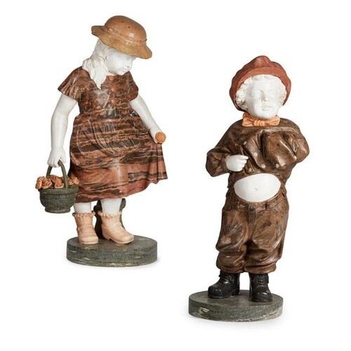 PAIR OF MIXED-MARBLE FIGURES OF CHILDREN 20TH CENTURY each r...