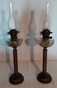 PR. OF FRENCH METAL BASE OIL LAMPS WITH CRYSTAL FOUNTS