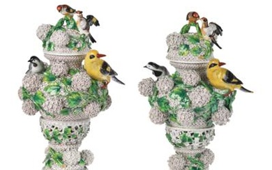 A Pair of Large Snowball Vases with Goldfinches, Golden Orioles and Wagtails, Second Half of the 19th Century