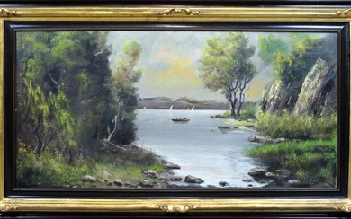 Paesaggio con lago ed imbarcazioni, olio su tela, cm. 60x120,5, firmato G. Rupi, entro cornice.